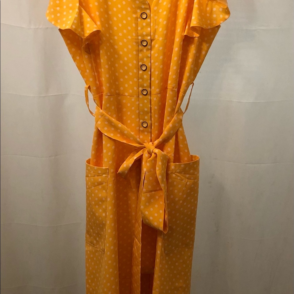 Summer dress  yellow white polka dotted  Button